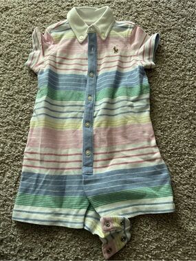 Ralph Lauren Striped Polo Romper in Pink, Blue, Yellow and White